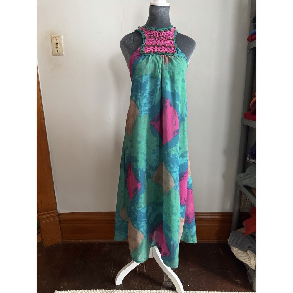 boho tie dye dress Crochet Halter‎ Low Open Back Hippie Maxi Midi Festival S